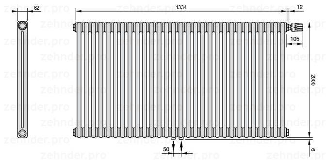 Схема (чертеж) Радиатор Zehnder Charleston 2200/29 №V008 Белый глянцевый RAL 9016